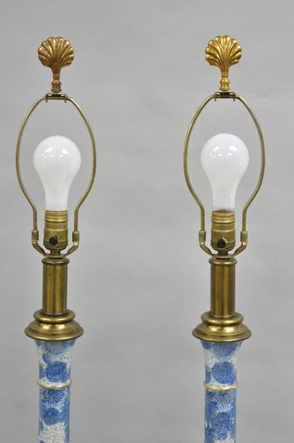 Vintage Paul Hanson Chinoiserie Blue Poreclain Flower Oriental Table Lamp Pair