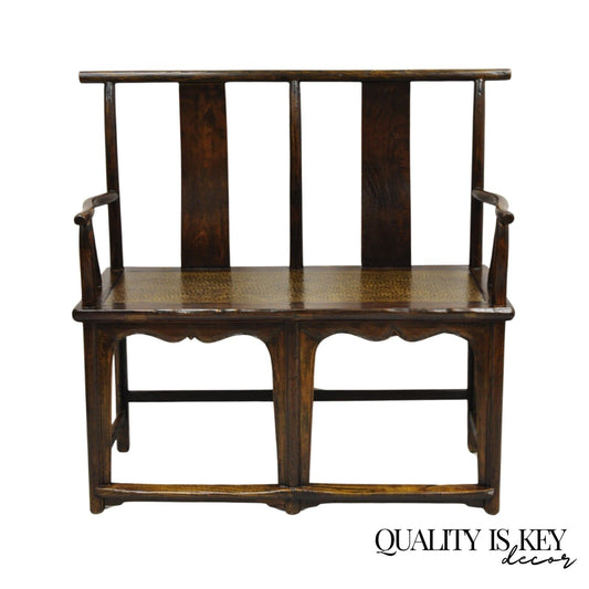 Vintage Chinese Elm Lacquered Cane Double Chairback Hall Bench Settee Sofa