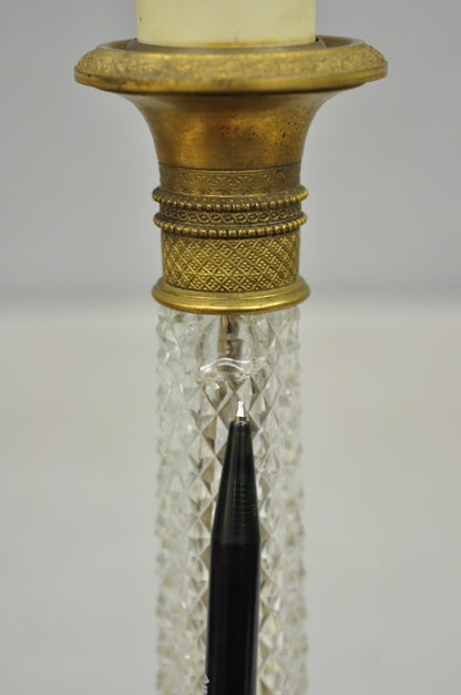 Antique French Empire Gilt Bronze Crystal Column Small Candlestick Table Lamp