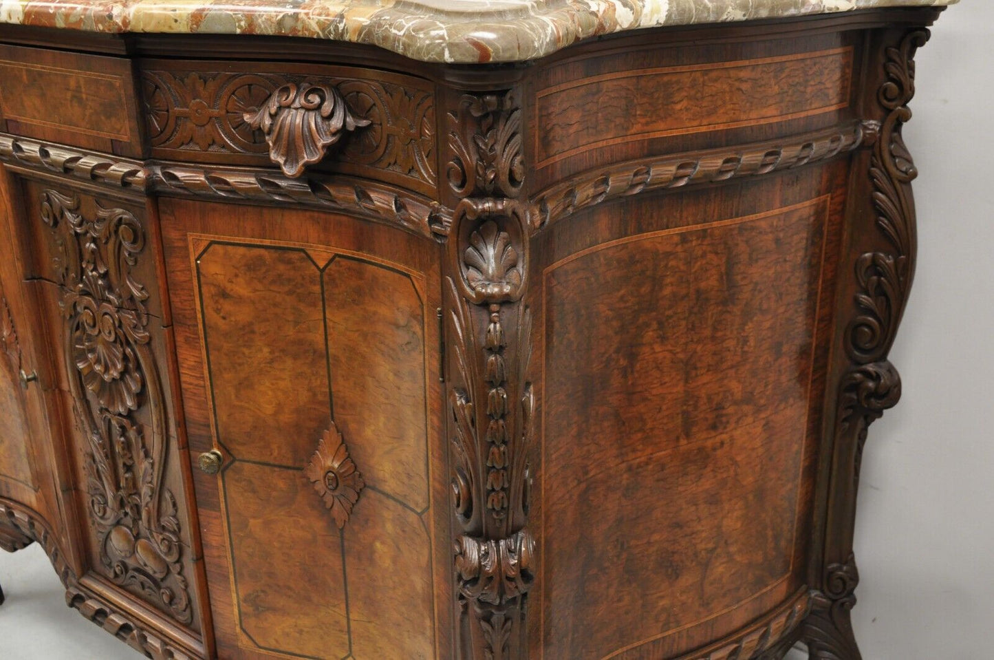 French Louis XV Baroque Style Carved Burl Walnut Rouge Marble Top Commode Server