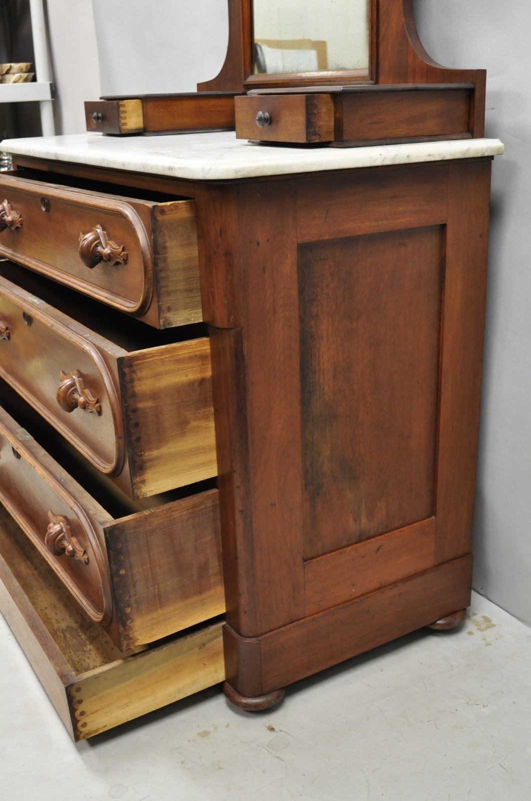 Antique Eastlake Victorian Carved Walnut Marble Top Washstand Dresser w/ Mirror