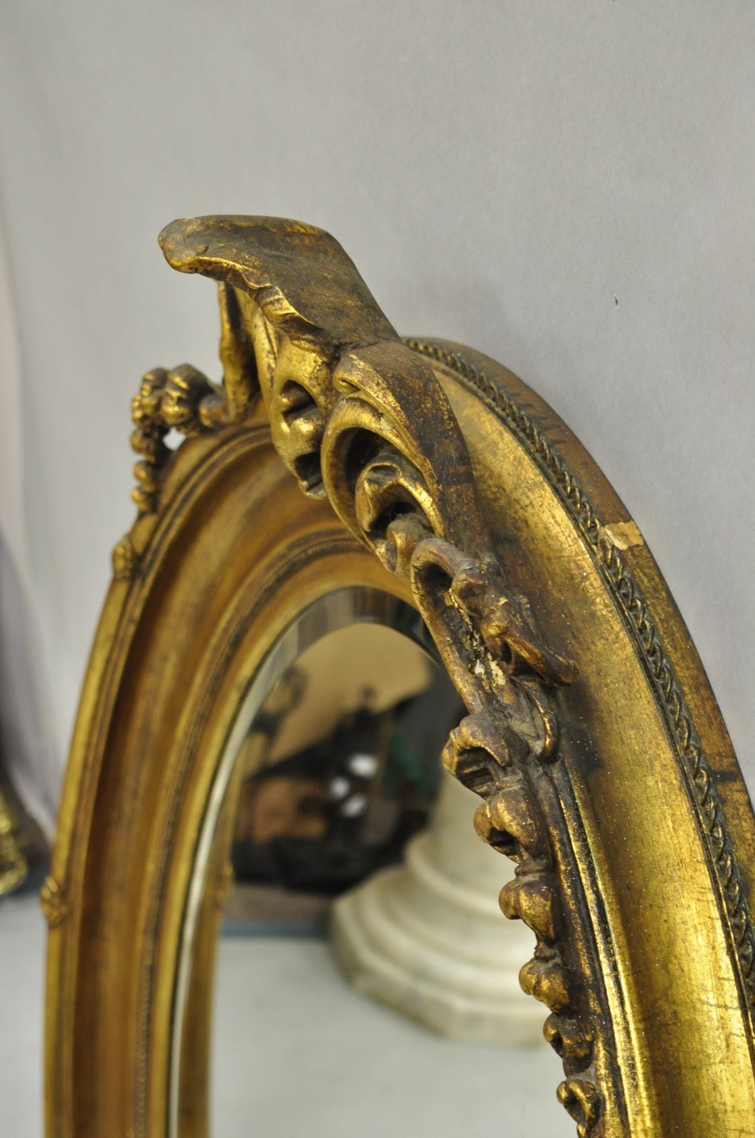 Antique French Victorian Gold Gilt Scroll Oval Beveled Glass Wall Mirror