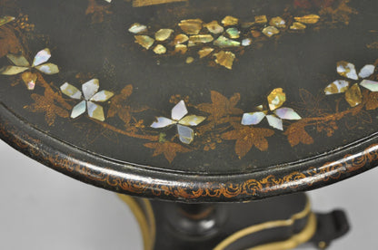 Antique English Victorian Mother of Pearl Inlay Black Lacquer Tilt Top Table