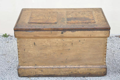 Antique 19th C French Hand Painted Distressed Wood Blanket Chest Dovetail Trunk