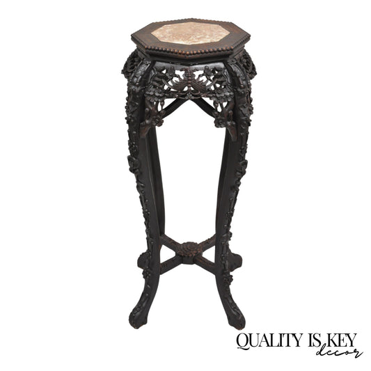Antique Chinese Carved Hardwood Marble Top Oriental Plant Stand Side Table