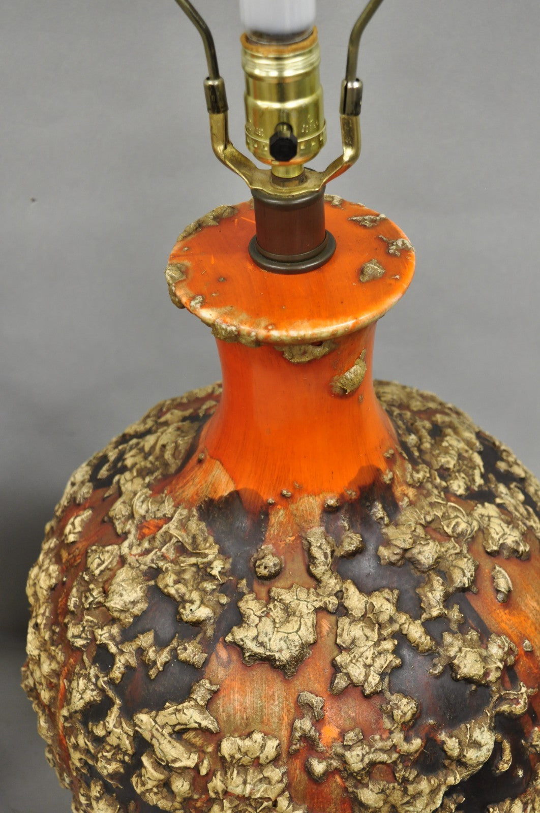 Vintage Mid Century Modern Orange Drip Lava Glaze Large Pottery Table Lamp Pair