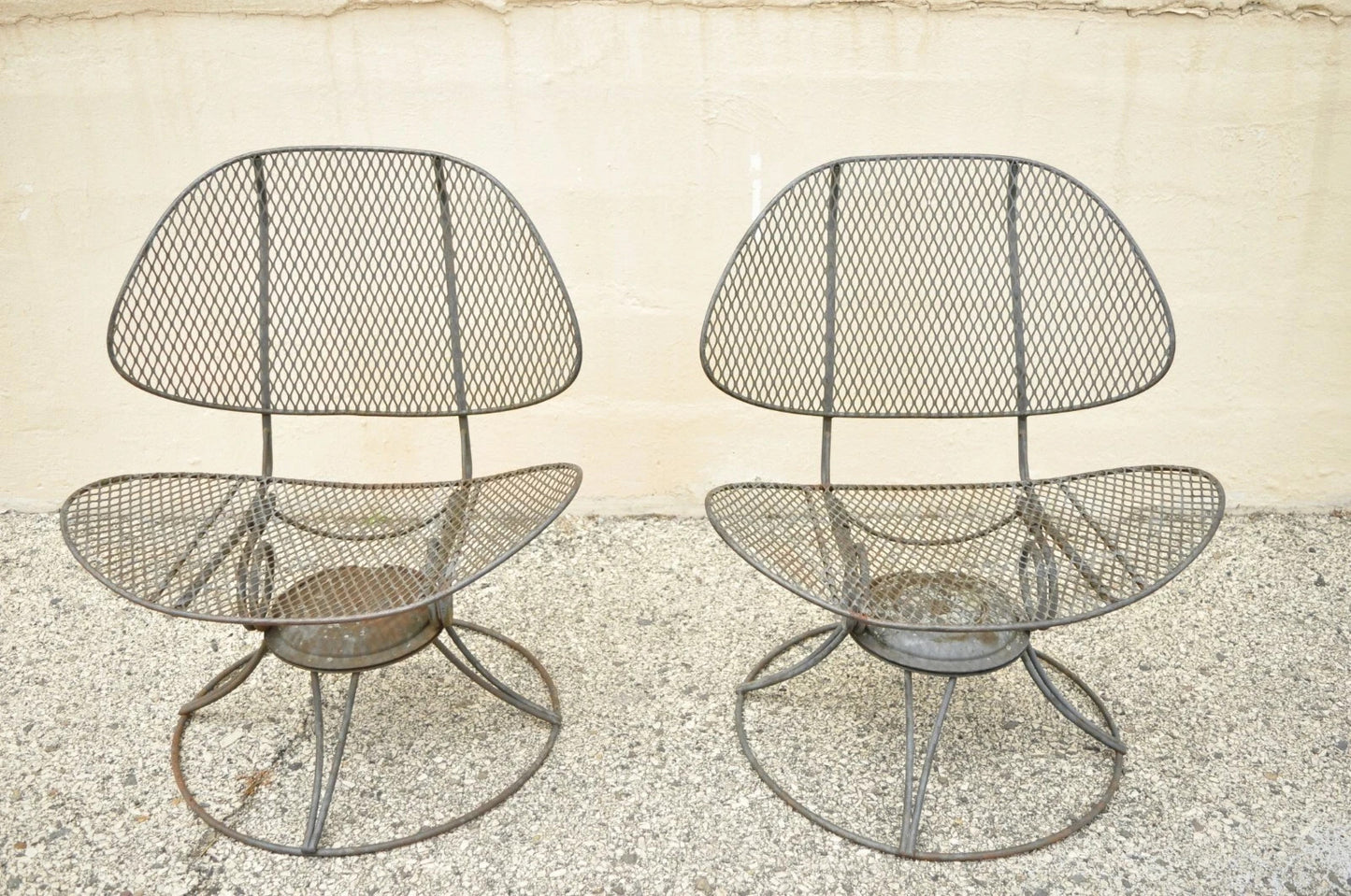 Homecrest Clam Shell Casino Salterini Style Wrought Iron Swivel Chairs - a Pair
