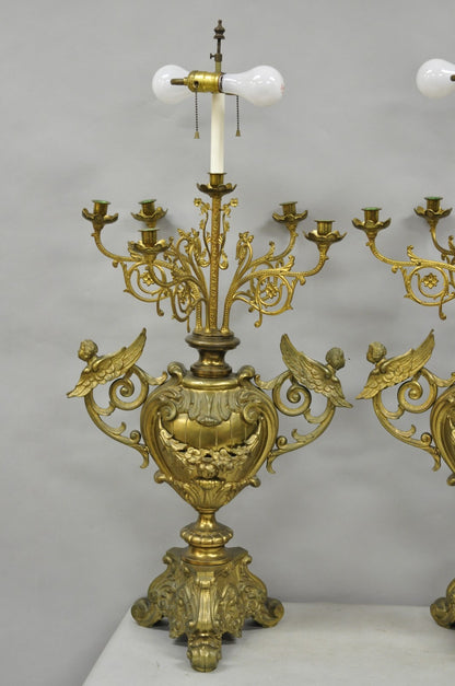 Large Antique French Rococo Louis XV Figural Cherub Bronze Candelabra Lamps Pair