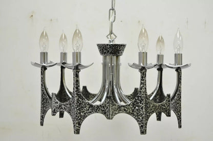 Vintage Mid Century Modern Mo Bridges Brutalist Hammered Chrome Chandelier