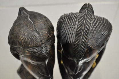 Vintage African Carved Ebony Wood 7" Male and Female Bust Statue Sculpture