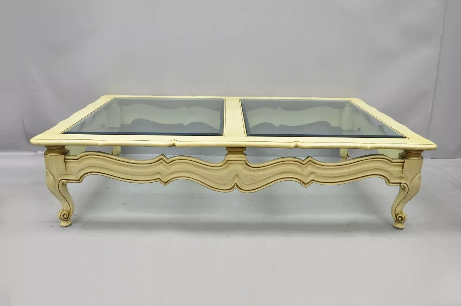Vintage French Provincial Style Beveled Glass Cream Painted Large Coffee Table