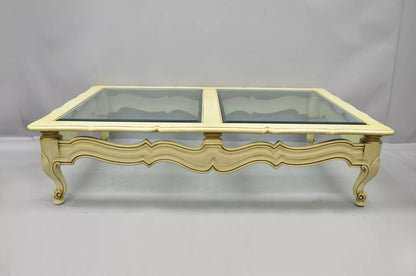Vintage French Provincial Style Beveled Glass Cream Painted Large Coffee Table