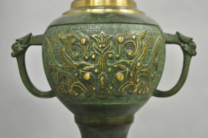 Chinoiserie James Mont Style Green Bronze Chinese Foo Dog Table Lamps - a Pair