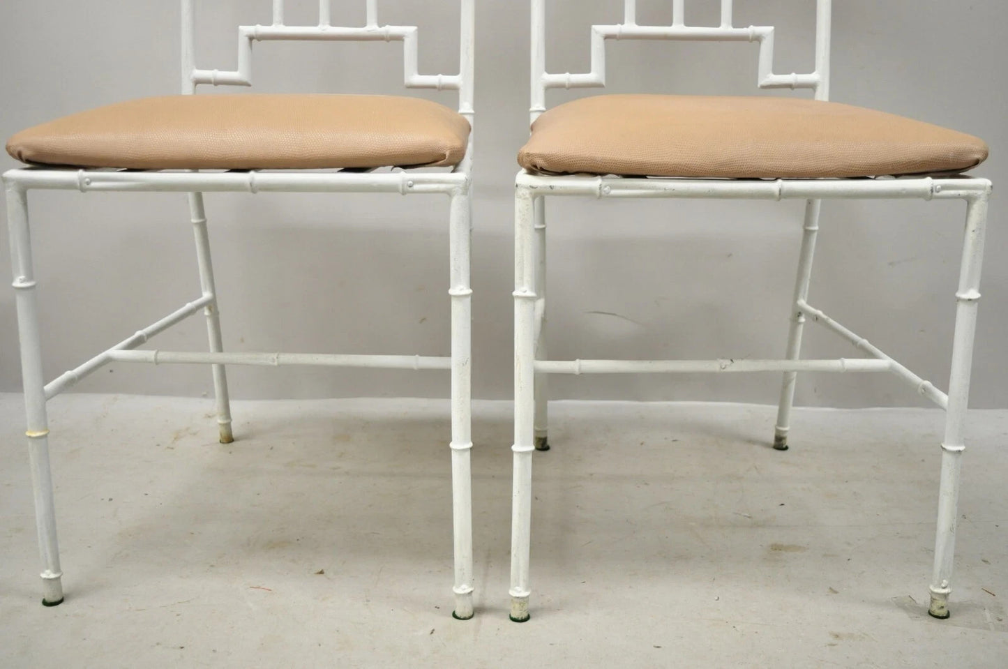 Vintage Italian Hollywood Regency White Faux Bamboo Metal Accent Side Chair Pair