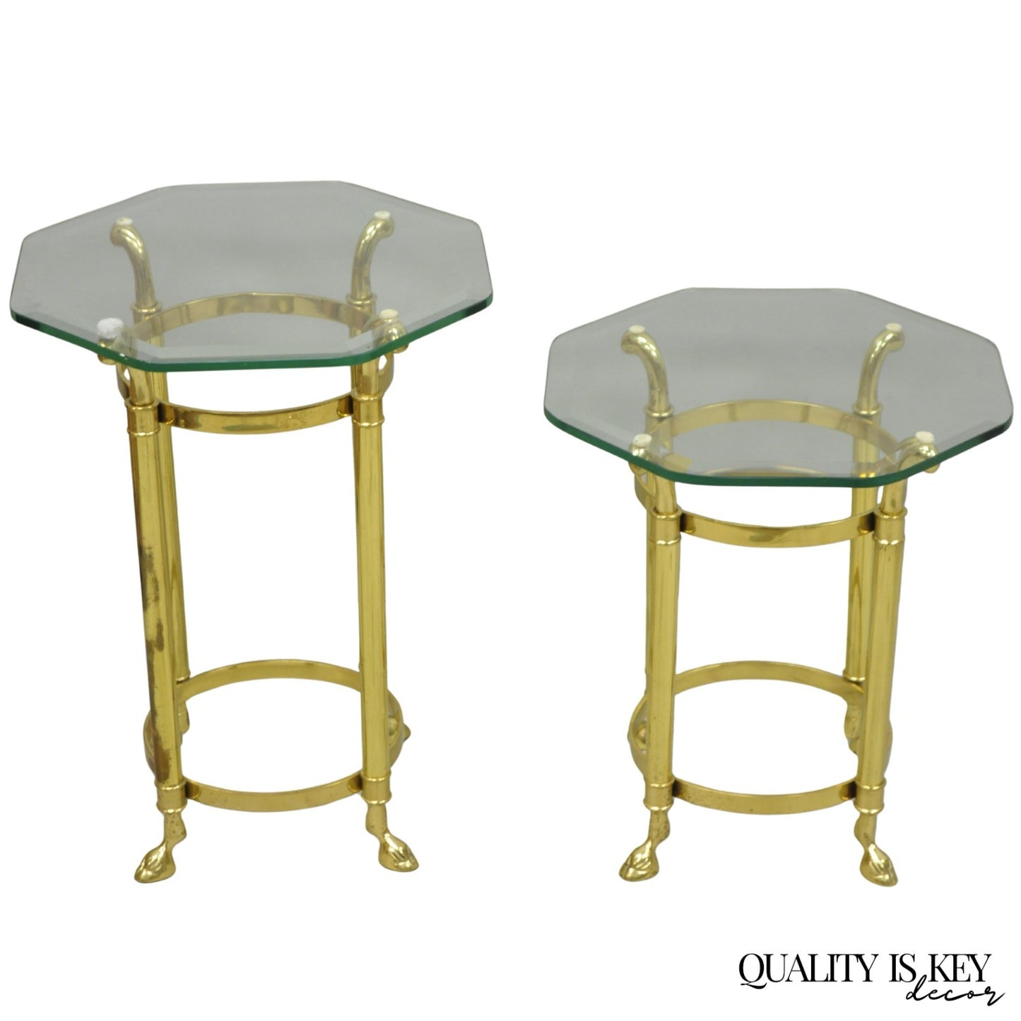 Vintage Hollywood Regency Brass Hoof Foot Glass Top Graduating Side Table - Pair
