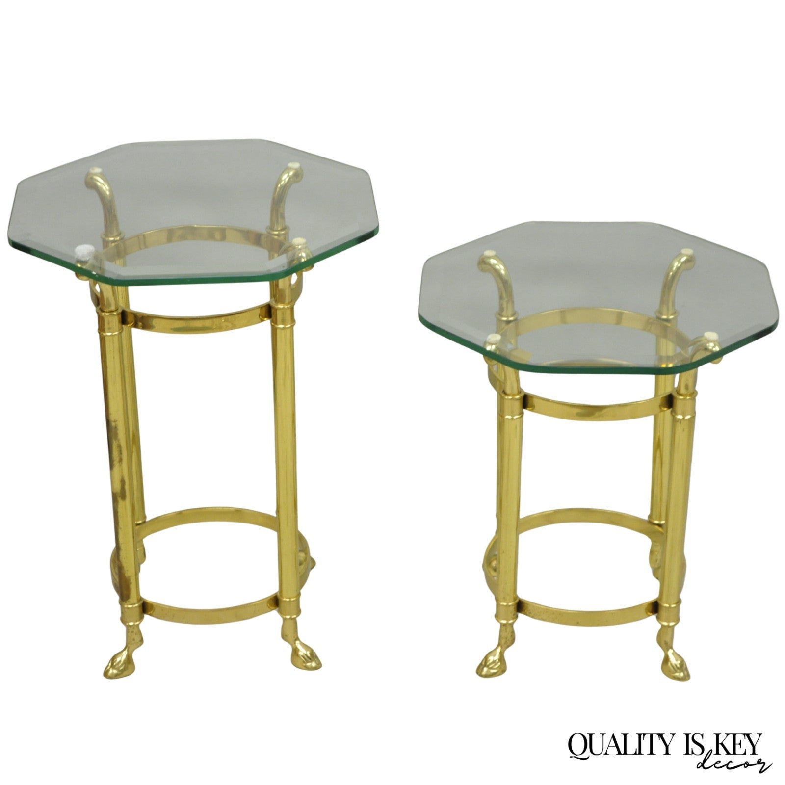 Vintage Hollywood Regency Brass Hoof Foot Glass Top Graduating Side Table - Pair