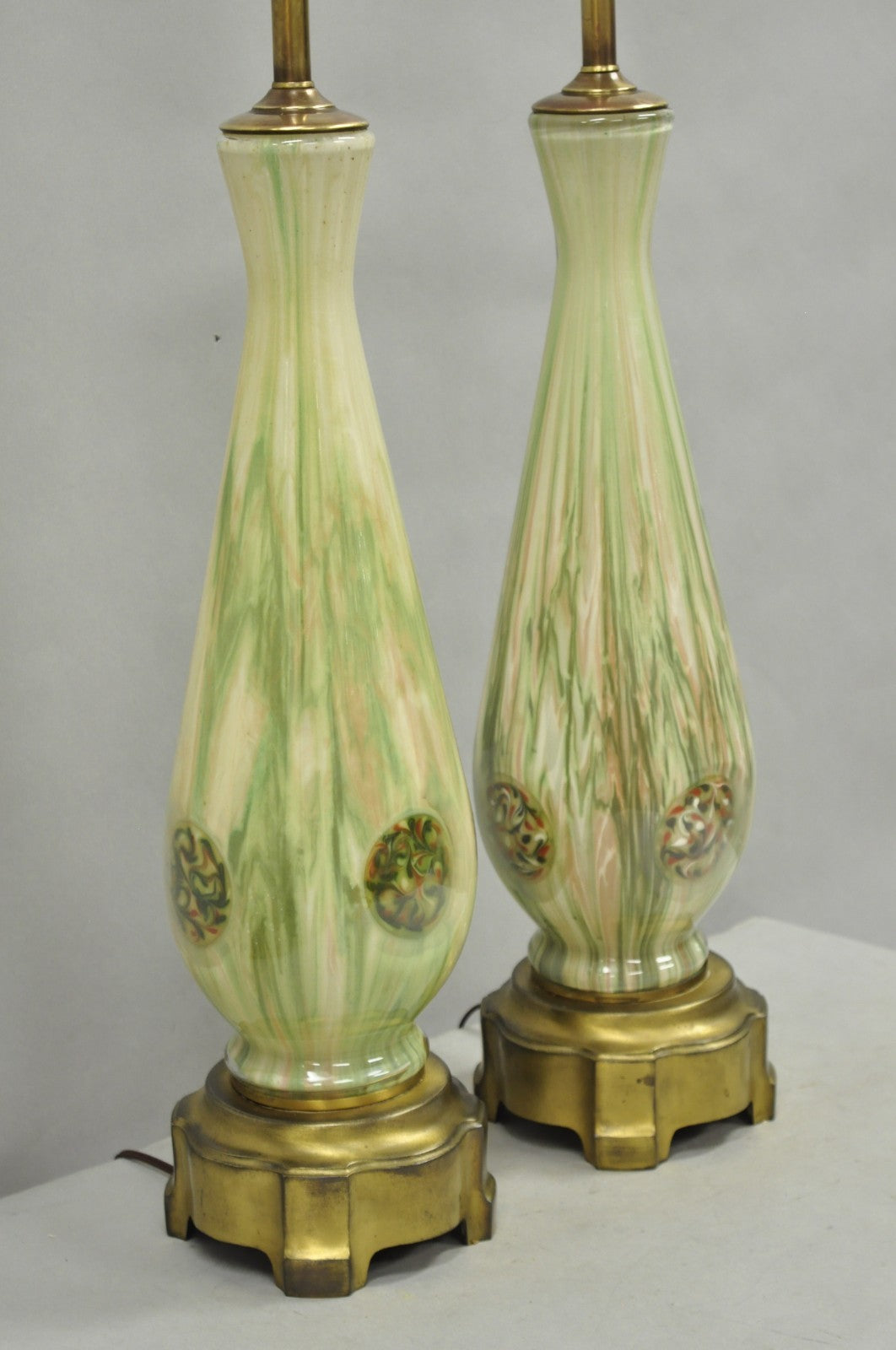 Vintage Mid Century Modern Italian Murano Green Blown Glass Table Lamps - a Pair