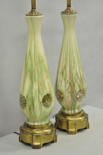 Vintage Mid Century Modern Italian Murano Green Blown Glass Table Lamps - a Pair