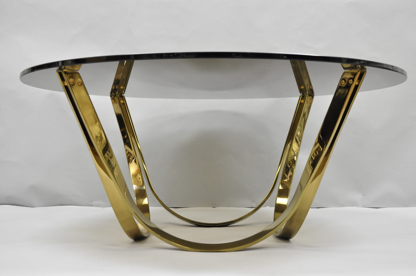 Tri-Mark Mid Century Modern Brass Plated Steel Smoked Glass Arch Coffee Table