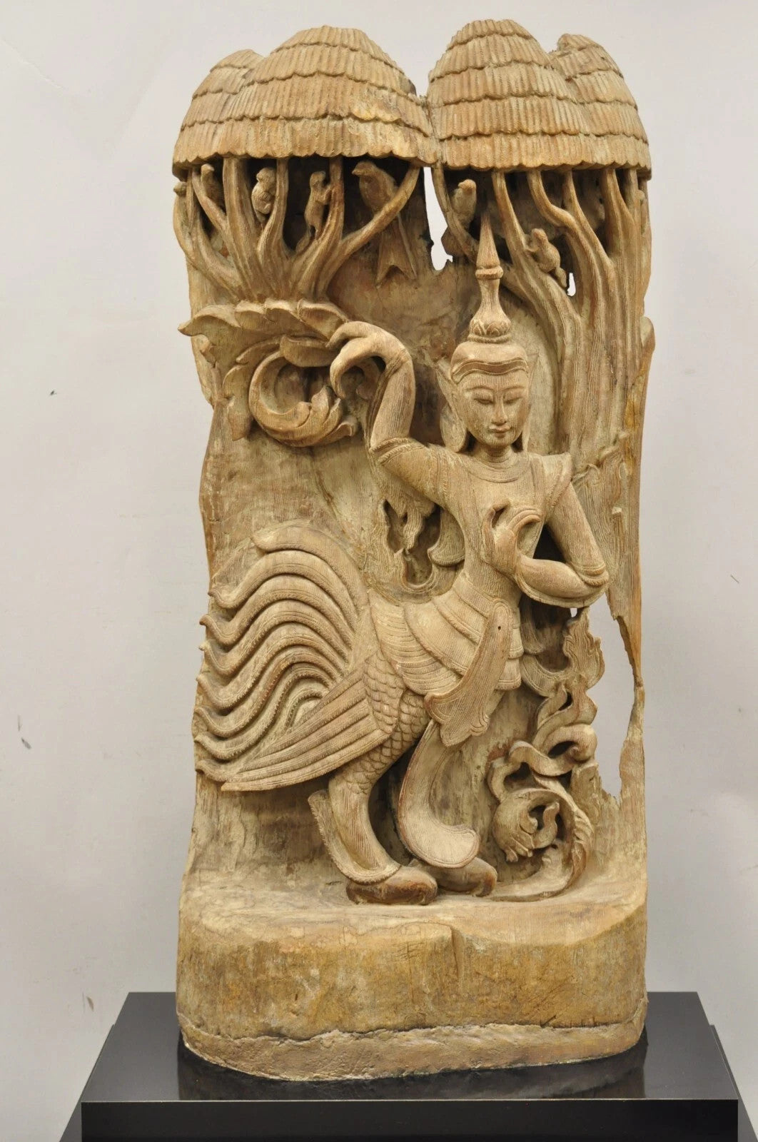 Vintage Burmese Carved Wood Oriental Large Figural Statue Sculpture on Base
