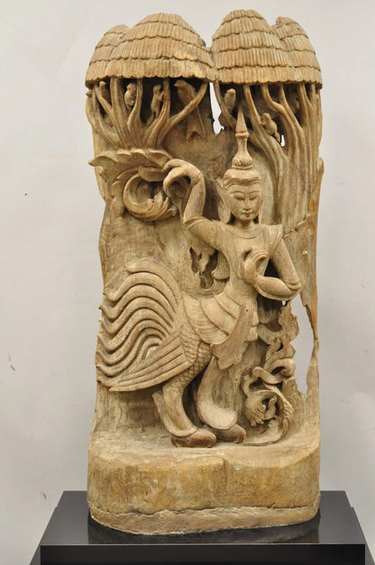 Vintage Burmese Carved Wood Oriental Large Figural Statue Sculpture on Base