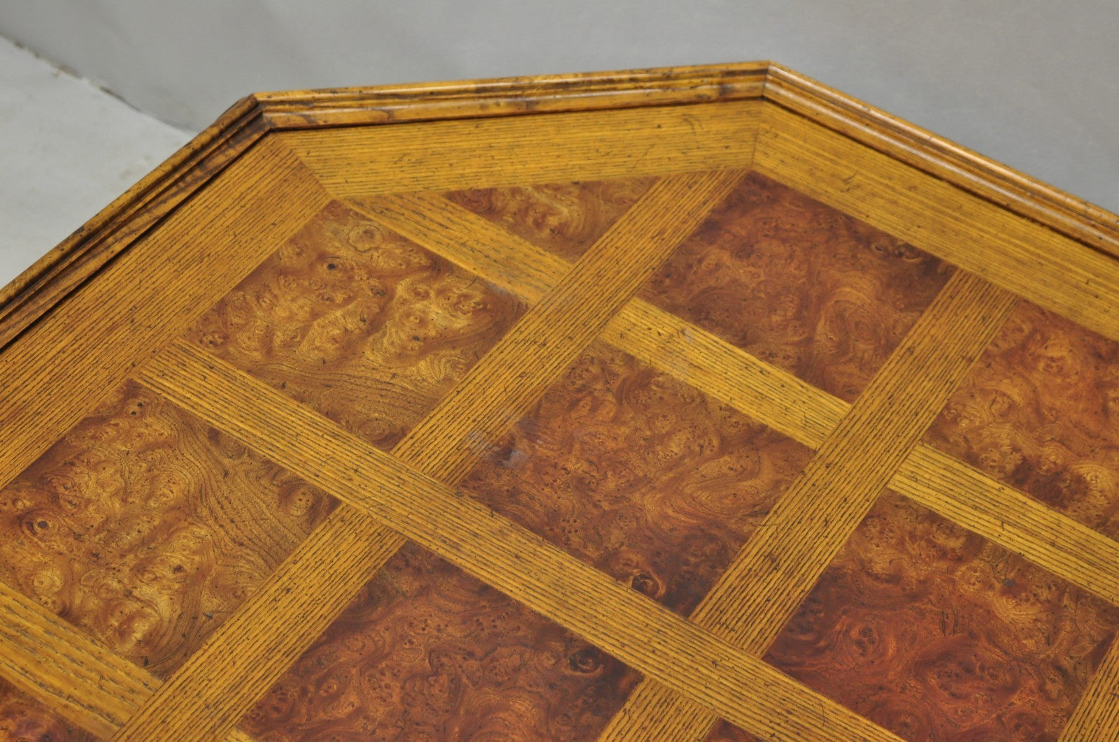 Vintage Baker Barley Twist Oak & Burlwood Parquetry Octagonal Coffee Table