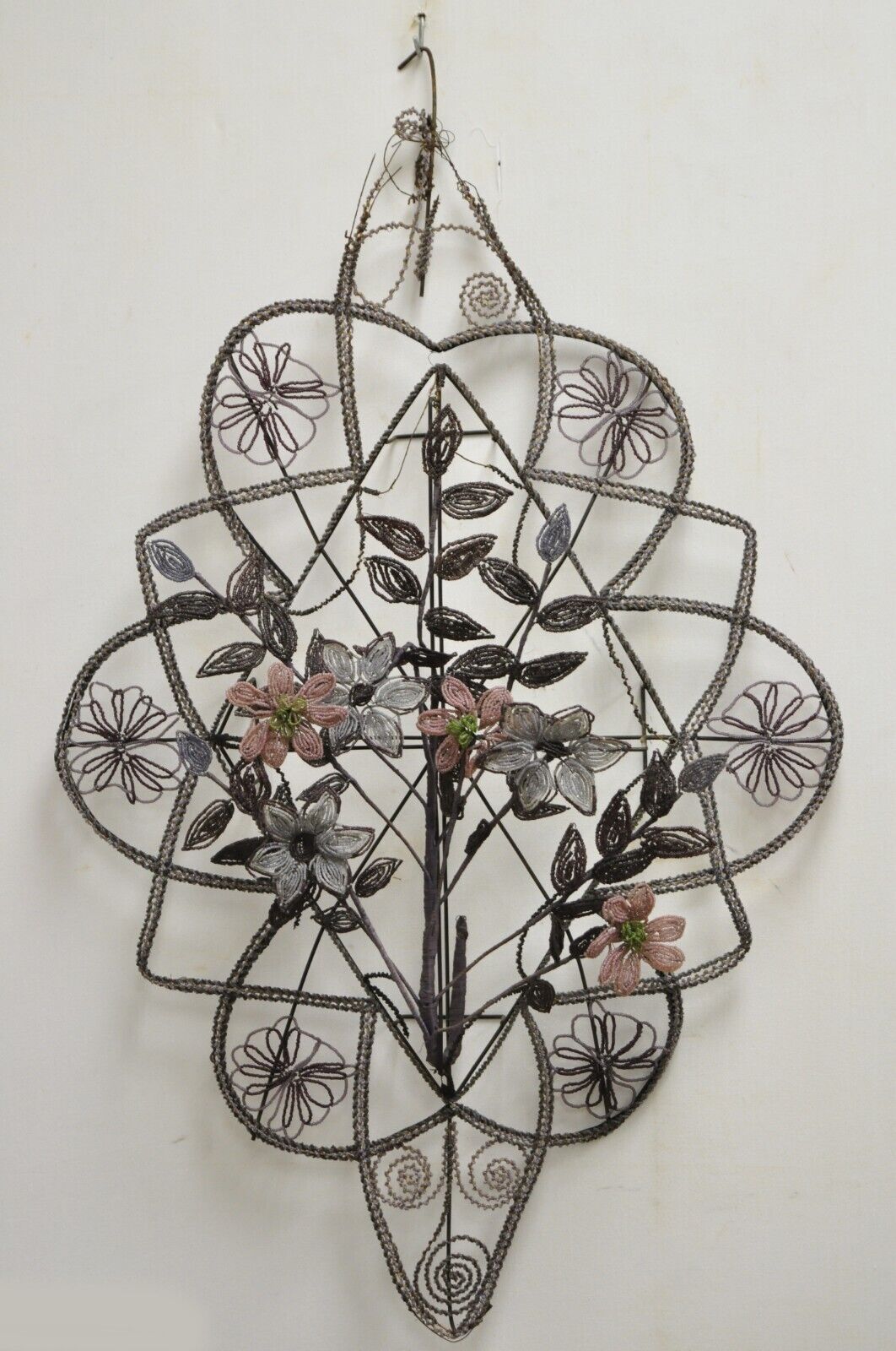 Antique French Victorian Purple Glass Beaded Memorial Wreath Wall Sculpture