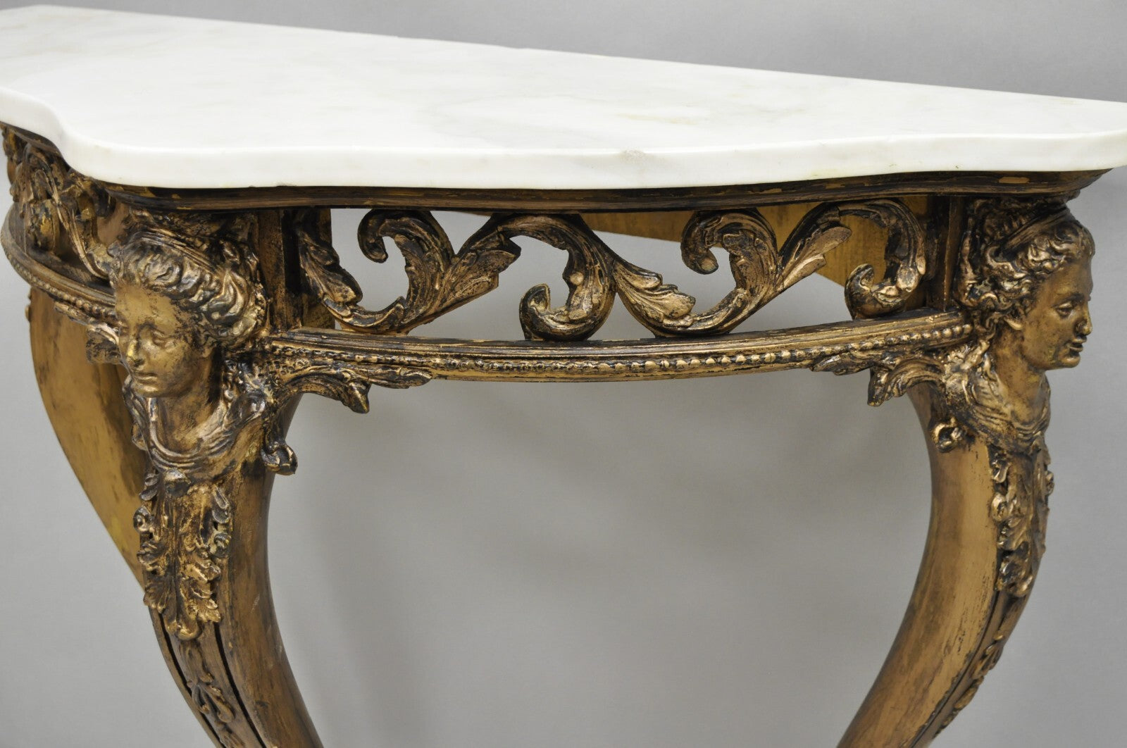 Vintage French Rococo Baroque Gold Gilt Gesso Marble Top Figural Console Table