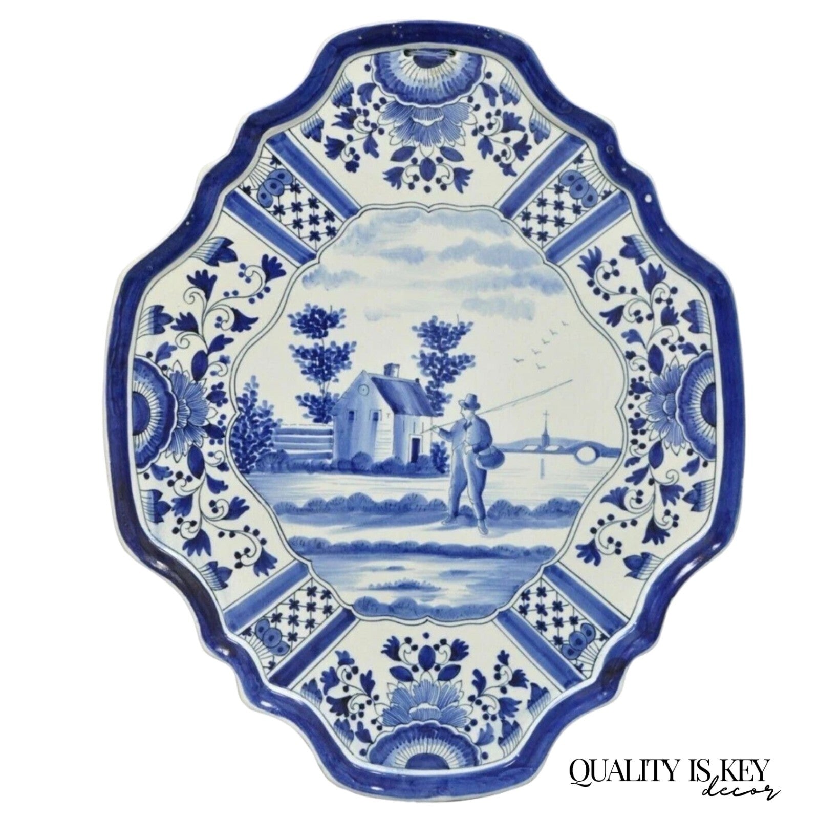 Vintage Blue White Porcelain Delf Style Italian Fisherman Wall Art Charger Plate