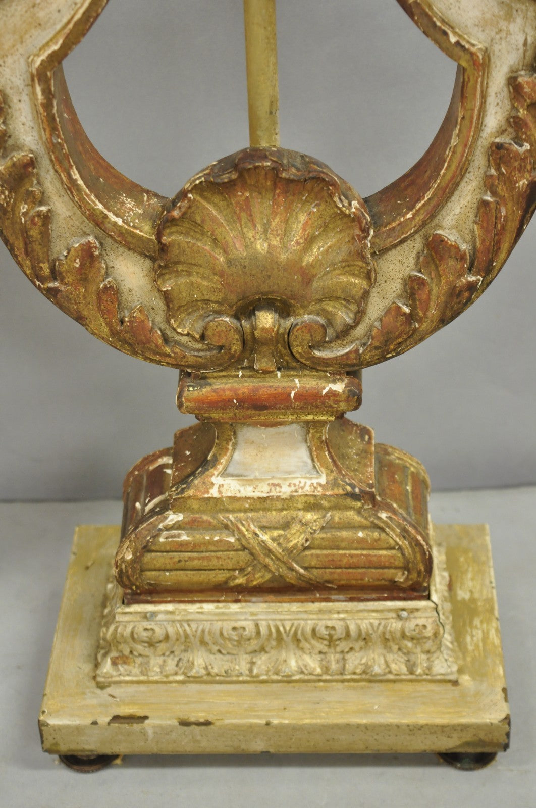 Italian Neoclassical Cream & Gold Gilt Carved Wood Harp Column Table Lamp - Pair