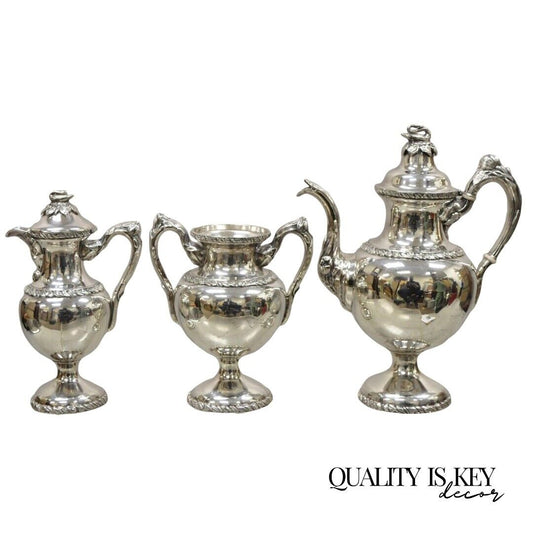 Antique English Regency Swan Finial Silver Plated Tea Pot Set - 3 Pc Set