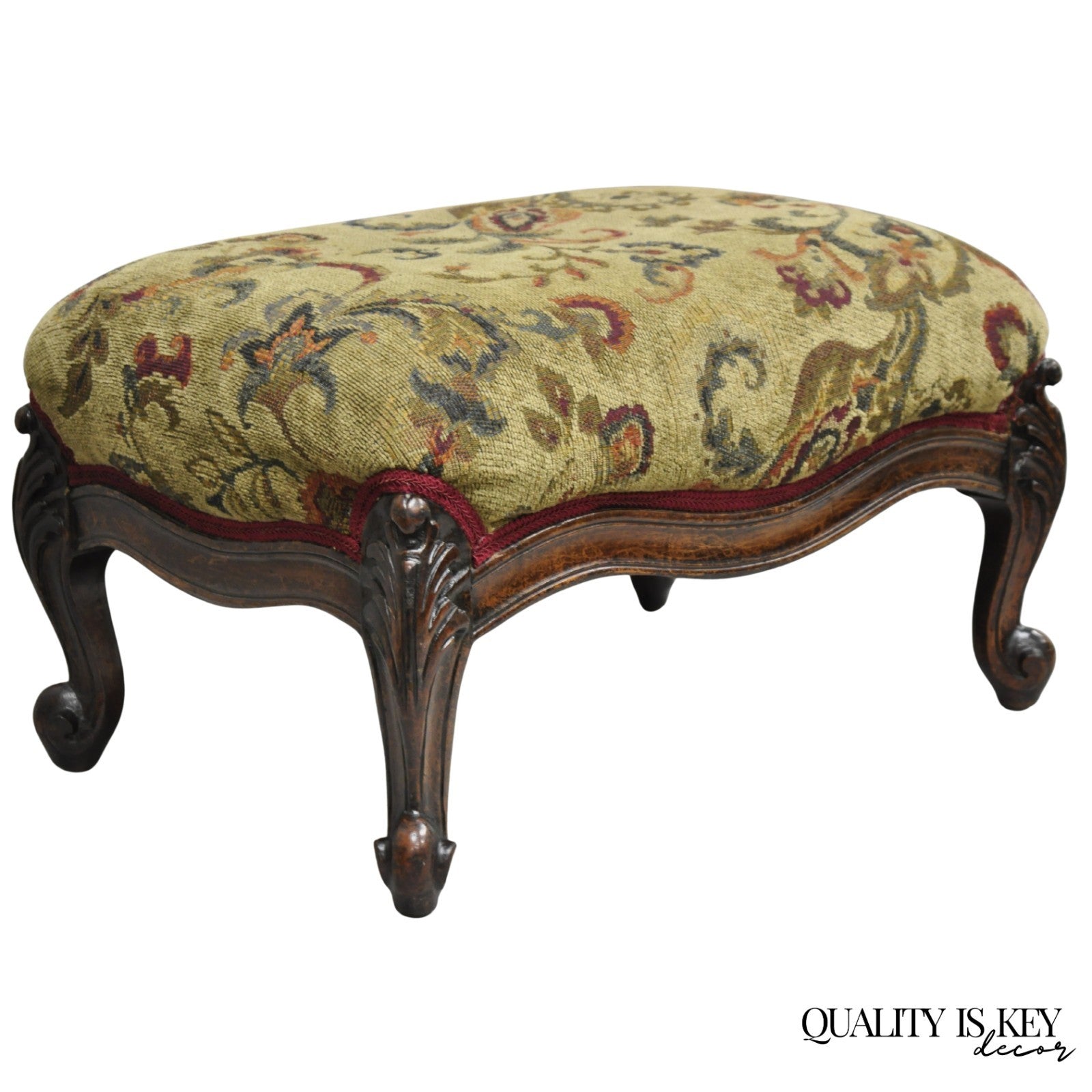 Antique French Louis XV Style Victorian Carved Mahogany Ottoman Footstool