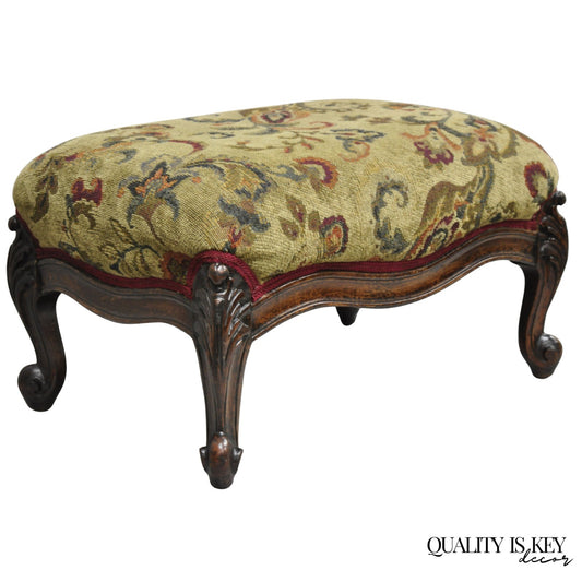 Antique French Louis XV Style Victorian Carved Mahogany Ottoman Footstool