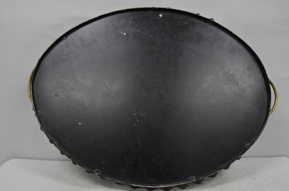 Vintage French Country Black and Gold Hand Painted Oval Toleware Serving Tray