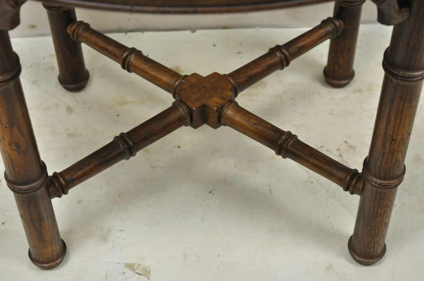 Vintage Chinese Chippendale Faux Bamboo Oval Small Glass Top Side End Table Pair