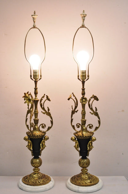 Vintage French Louis XV Brass & Marble Figural Table Lamps w/ Cherubs - a Pair