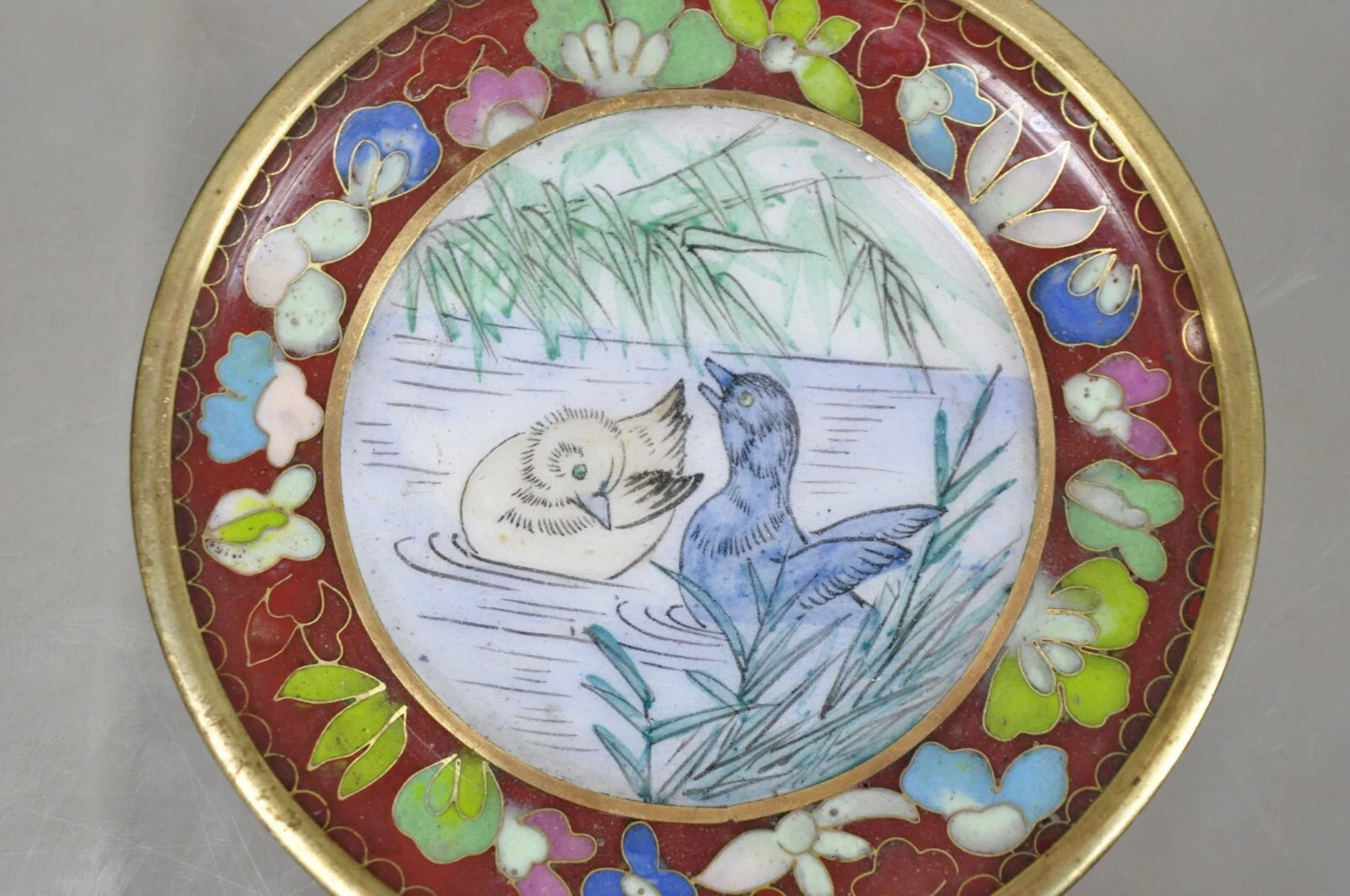 Vintage Chinoiserie Brass Enamel Cloisonne Small Trinket Dish - Set of 4