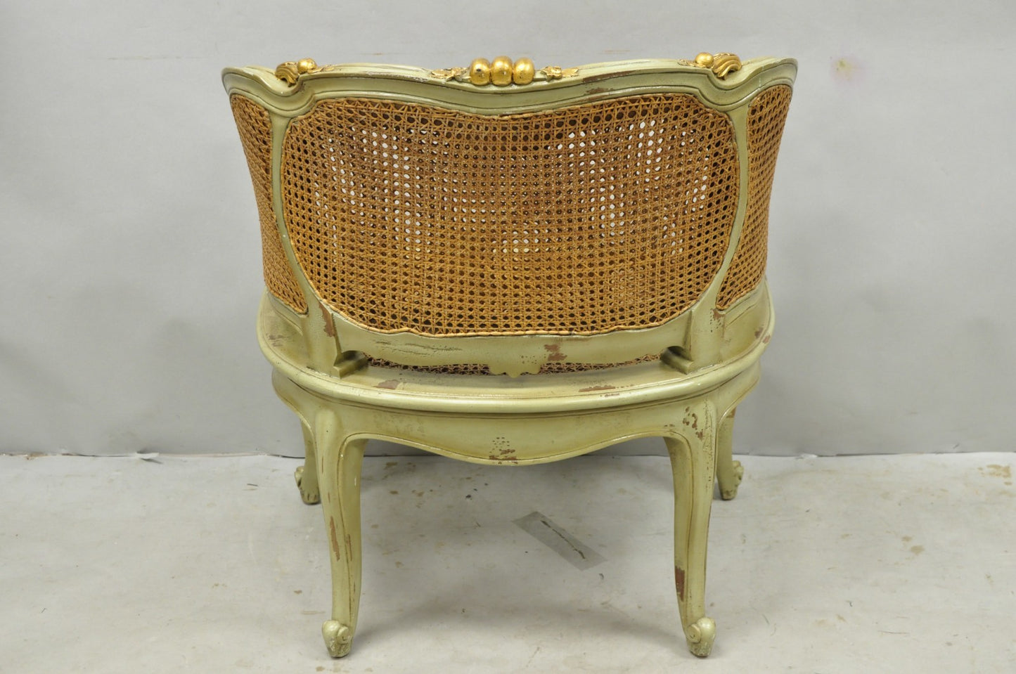 Vintage French Louis XV Style Green Painted Gold Gilt Cane Bergere Arm Chair