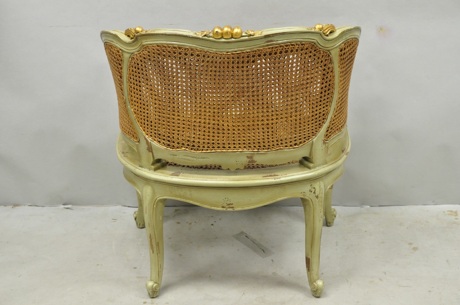 Vintage French Louis XV Style Green Painted Gold Gilt Cane Bergere Arm Chair