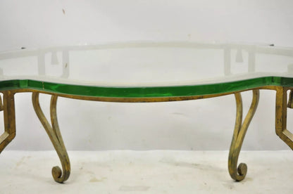 Vintage Italian Hollywood Regency Gold Gilt Iron Scalloped Glass Coffee Table