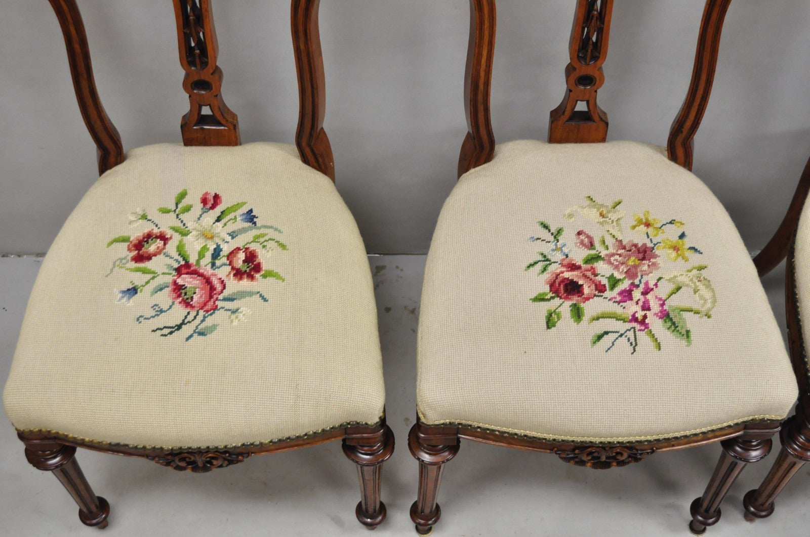 Antique Victorian Carved Walnut French Tapestry Parlor Side Chairs - Set of 4