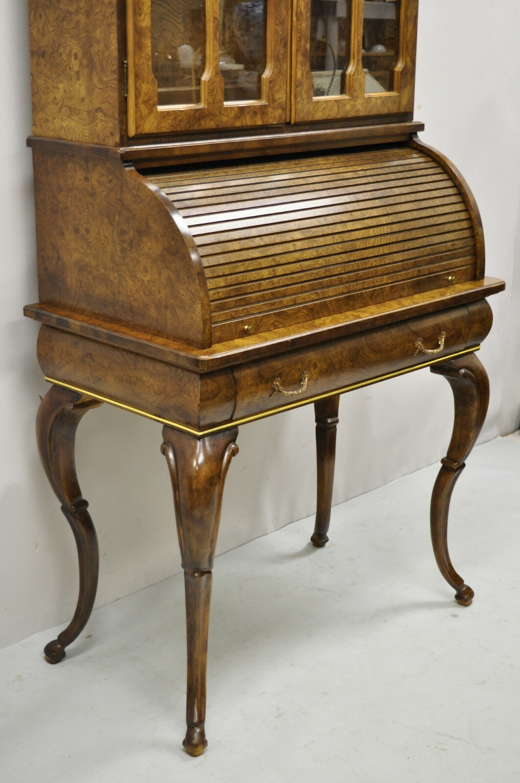 Vintage Italian Regency Burlwood Laminate Saber Leg Tall Secretary Desk Display