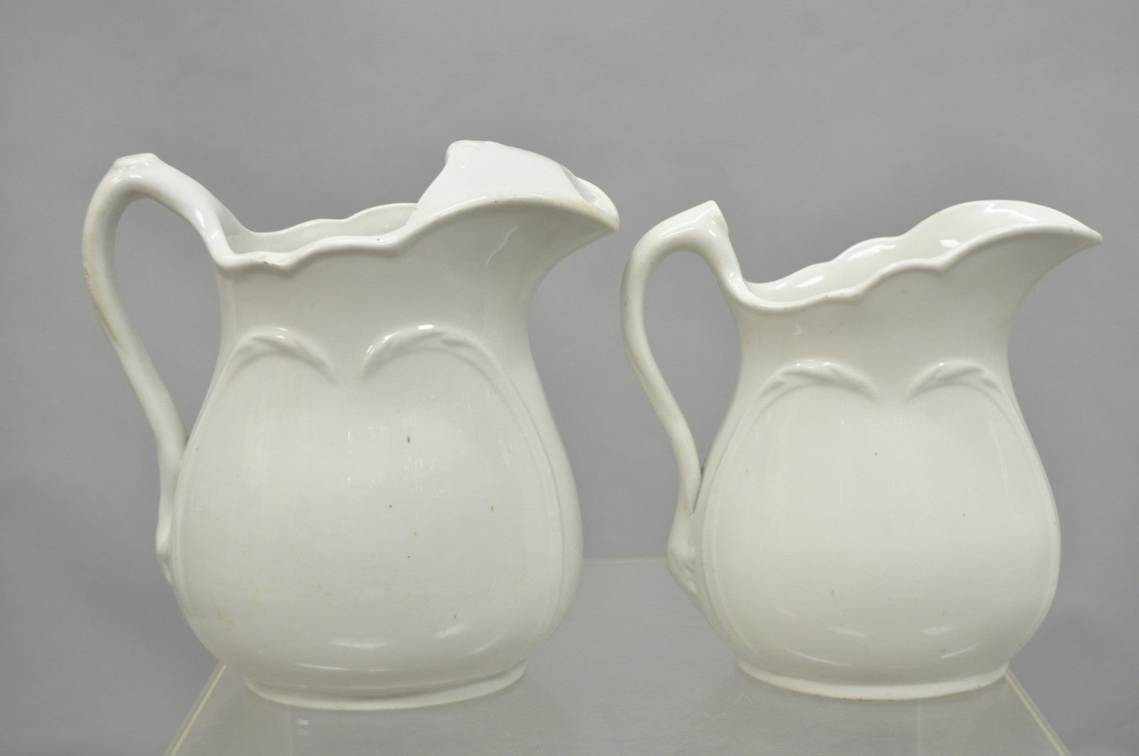 Vintage English Ironstone White Farmhouse Milk Water Pitchers - Set of 2