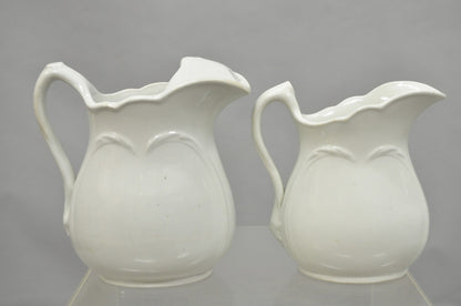 Vintage English Ironstone White Farmhouse Milk Water Pitchers - Set of 2