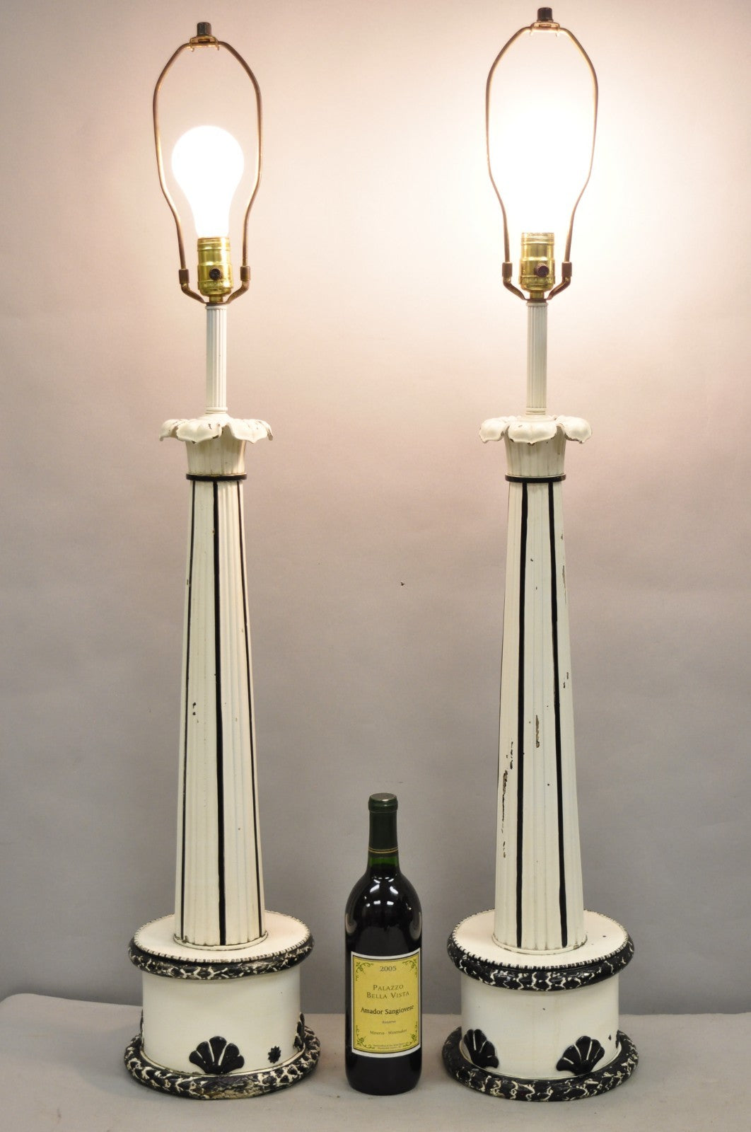 Vintage Hollywood Regency Lotus Leaf Black & White Metal Column Table Lamps Pair
