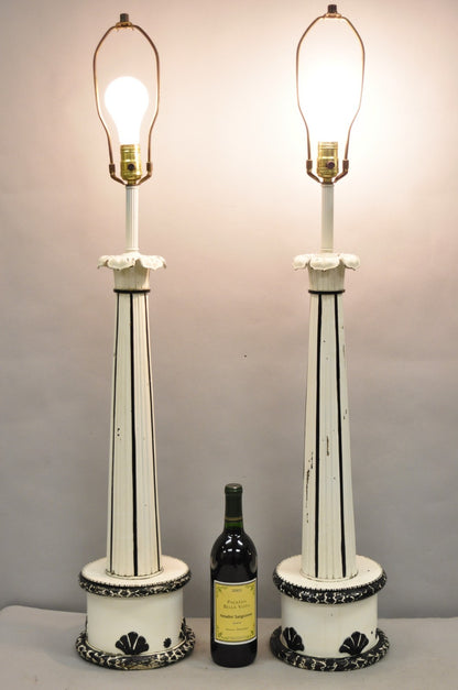 Vintage Hollywood Regency Lotus Leaf Black & White Metal Column Table Lamps Pair