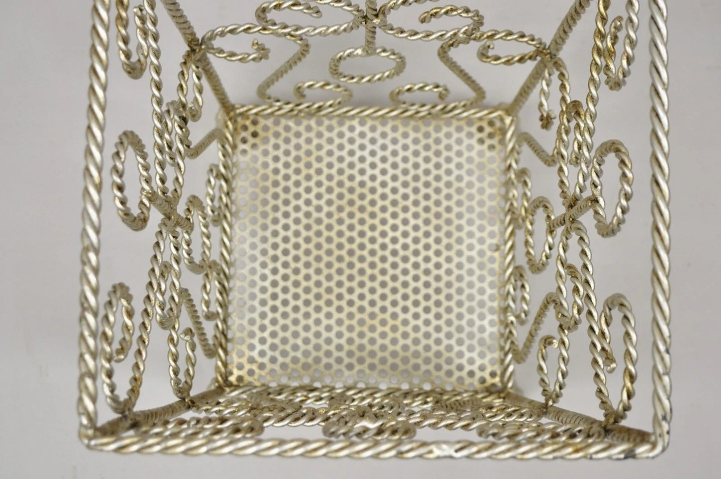 Vintage Italian Hollywood Regency Silver Iron Tassel Wastebasket Trashcan