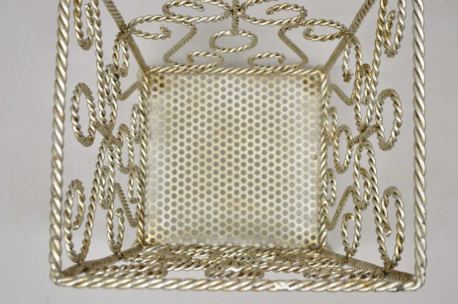 Vintage Italian Hollywood Regency Silver Iron Tassel Wastebasket Trashcan