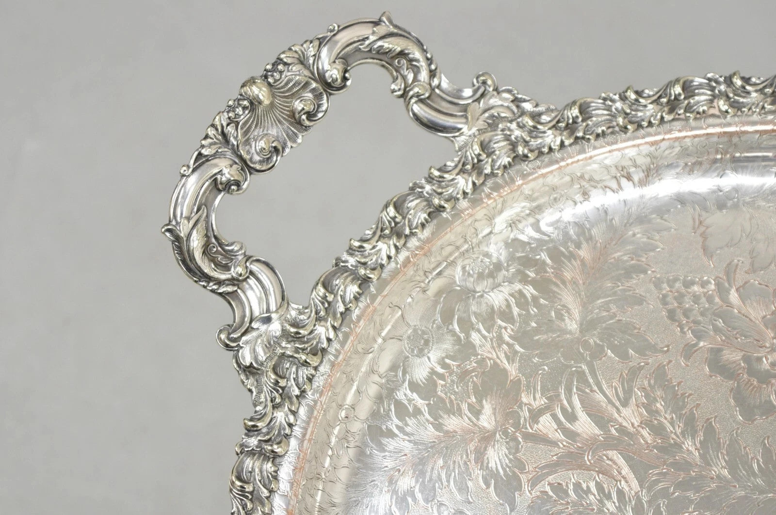 Antique English Victorian Silver Plated Repousse Oval Serving Platter Bar Tray
