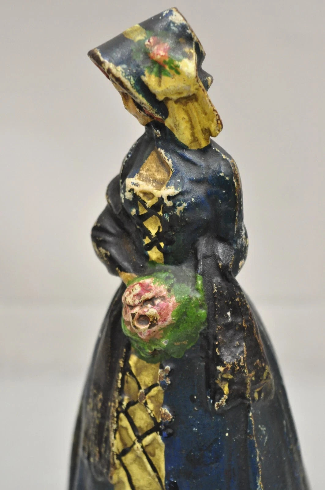 Antique Victorian Cast Iron Figural Colonial Woman Blue Dress Painted Door Stop